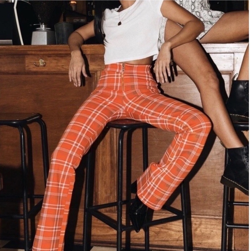 I.AM.GIA Orange Polaris Plaid High Waisted Flare Pants Exposed Zip Slim Fit S - Picture 4 of 15